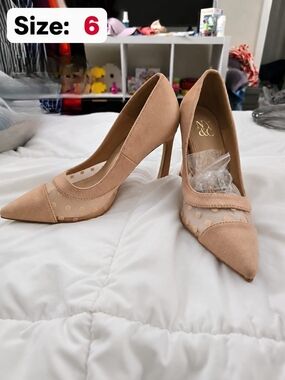 New York & Company Tan Pointed-Toe Mesh Polka Dot Pumps